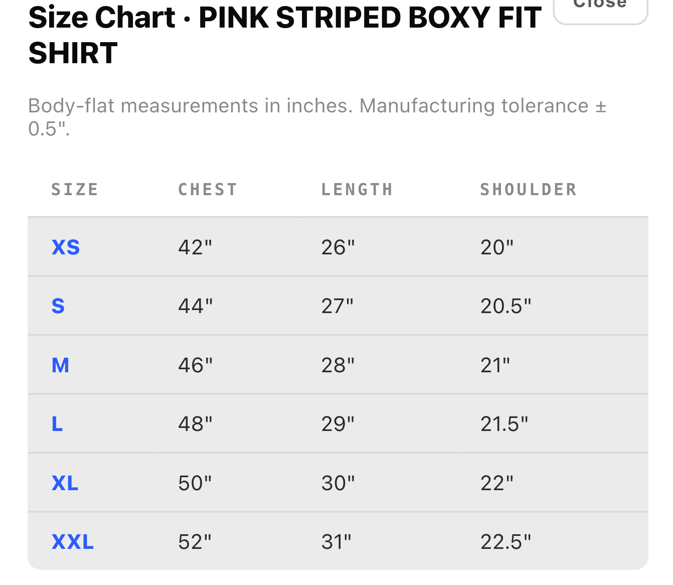 INSANE BEECH PINK STRIPED BOXY FIT SHIRT size chart