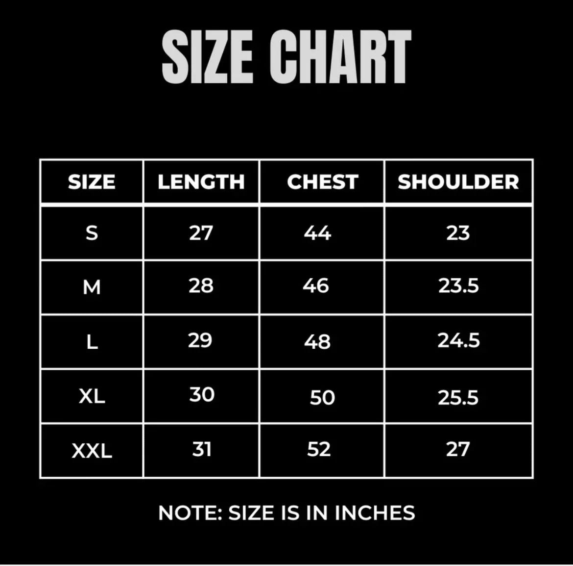 Fade in the darkness size chart