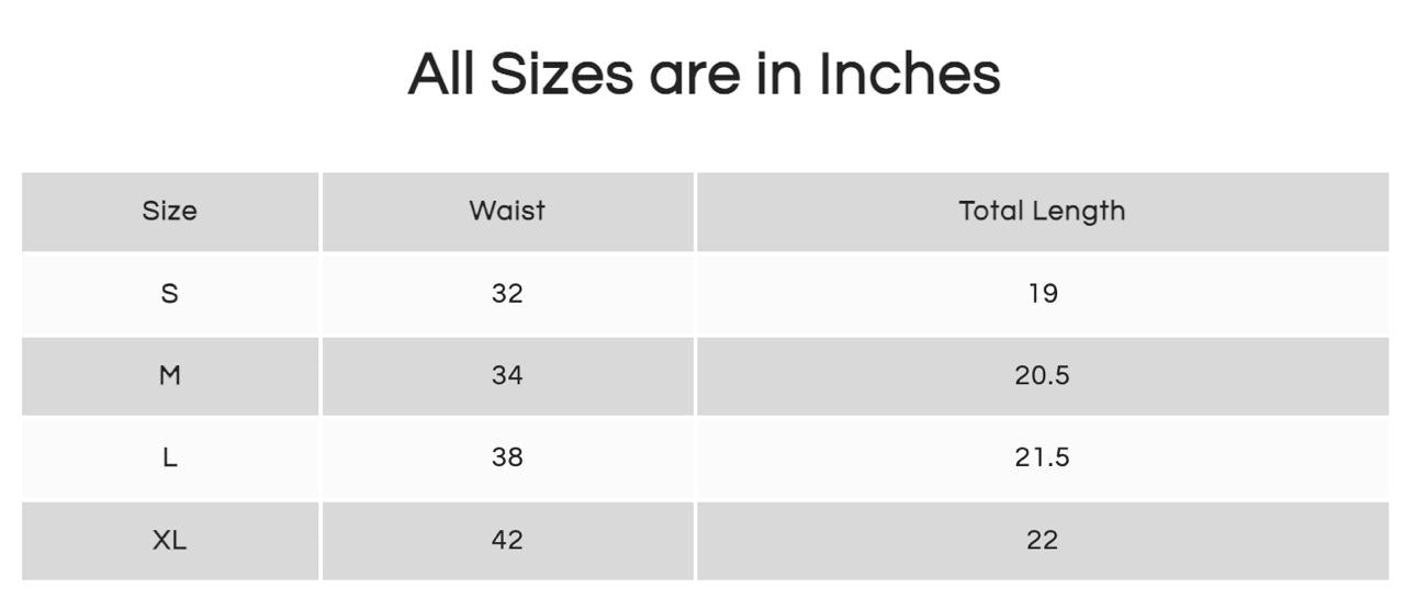 Lucifer Shorts size chart